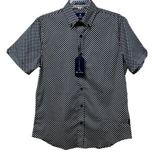 BEN SHERMAN Men's S Stretch Fit NWT Navy Blue Diamond Print Short Sleeve Shirt